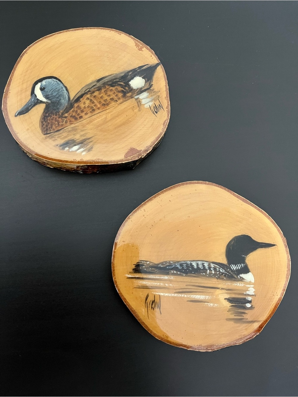 Vintage Hand-Painted Duck Wood Slice Wall Art X2 - Signed